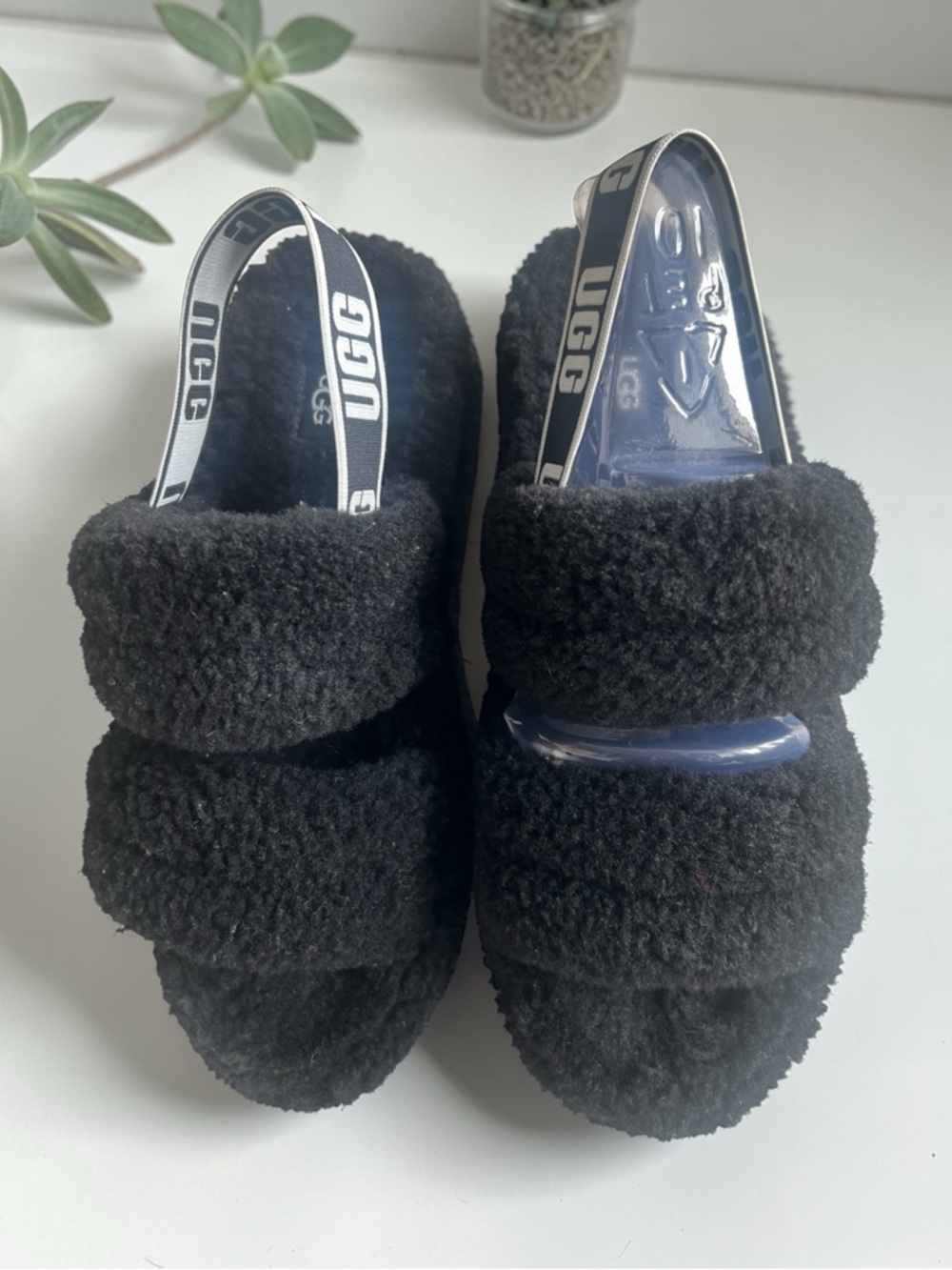 UGG Black Fluff Slide Sandals with Branded Heel Strap